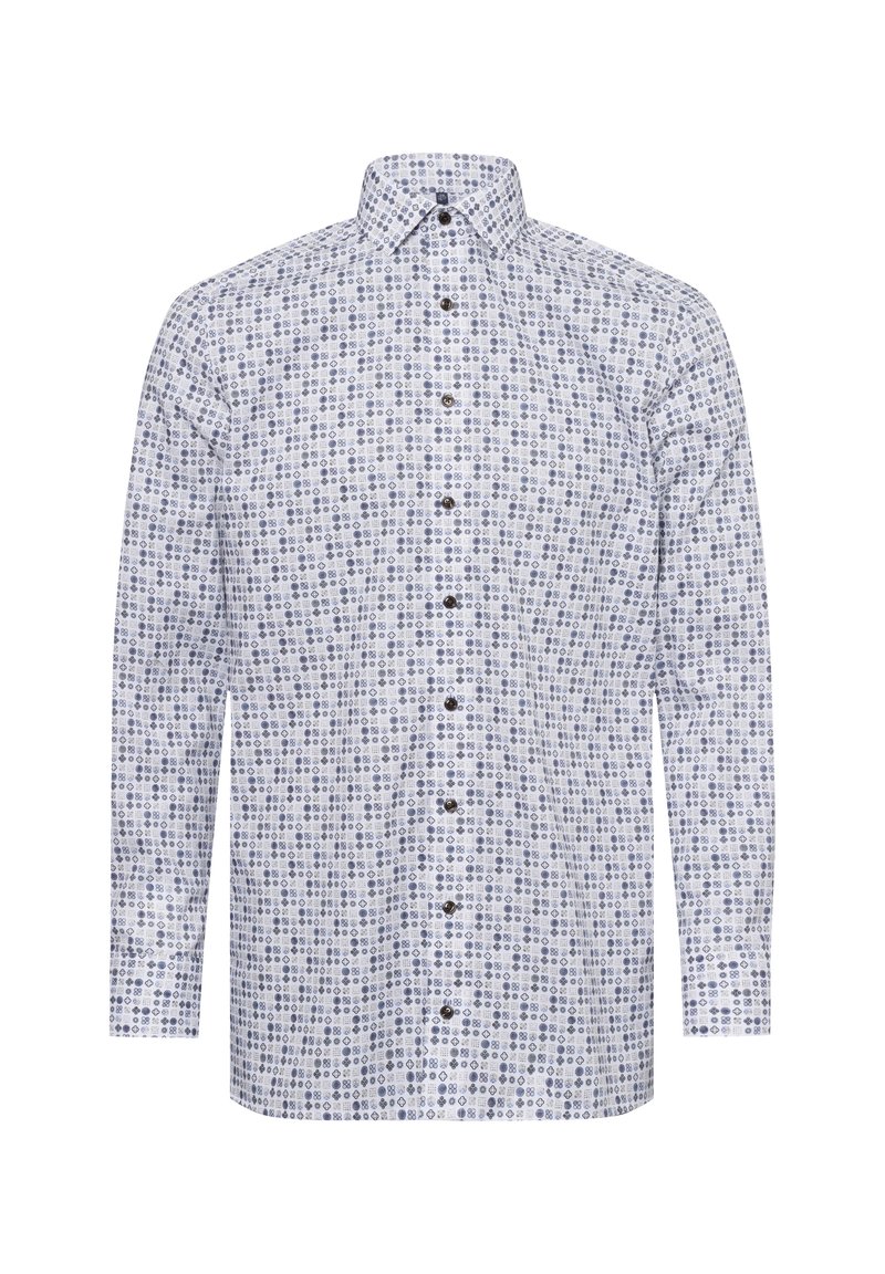 Langermig shirt van witte katoen met een blauw geometrisch patroon, met een kraag met knopen en bruine knopen aan de voorkant.