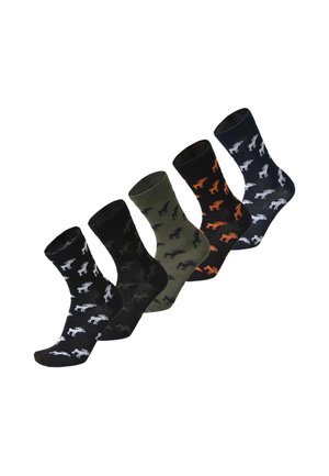 Cinq paires de chaussettes montantes en noir, vert olive et bleu marine, chacune ornée d’un motif répétitif de silhouettes de dinosaures aux couleurs contrastantes.