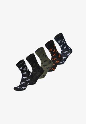 Fünf Paar Kniesocken in Schwarz, Olivgrün und Marineblau, jeweils mit einem Muster aus sich wiederholenden Dinosaurier-Silhouetten in kontrastierenden Farben.