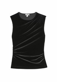 Čierny sametový top bez rukávov s nazhromaždeným dizajnom vpredu a hladkou textúrou, okrúhlym výstrihom a priliehavým strihom.