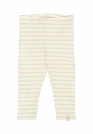 Helle Leggings mit mintgrünen und weißen Streifen. Hergestellt aus weichem, elastischem Stoff mit einem elastischen Bund und einem kleinen Logo-Tag.