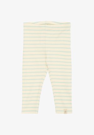 Helle Leggings mit mintgrünen und weißen Streifen. Hergestellt aus weichem, elastischem Stoff mit einem elastischen Bund und einem kleinen Logo-Tag.