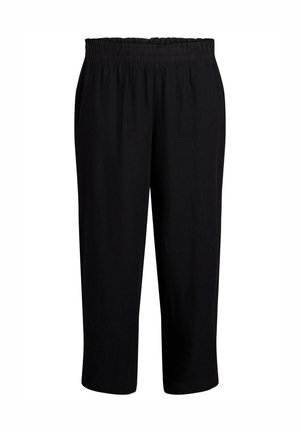 Čierne capri nohavice s elastickým pásom, vyrobené z hladkej tkaniny. Majú voľný strih a žiadne vrecká. Jednoduchý dizajn s rovnými nohavicami.