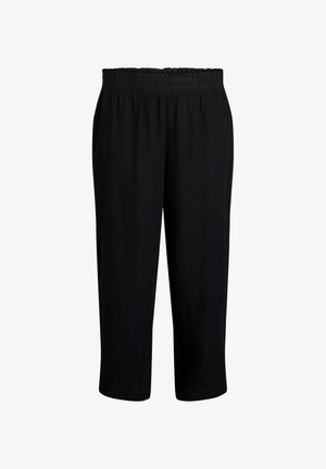 Black capri pants with an elastic waistband, made from a smooth fabric. Features loose fit and no pockets. Simple design with straight legs.