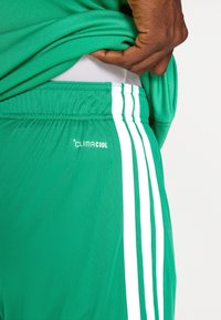 Χέρι σηκώνει πράσινο πουκάμισο για να αποκαλύψει πράσινα αθλητικά σορτς με λευκές ρίγες και λογότυπο "ClimaCool" κοντά στη λαστιχένι α μέση.