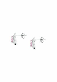 Orecchini a bottone in argento con gemme rotonde rosa, circondate da piccoli brillanti trasparenti, con una finitura lucida e un design semplice.