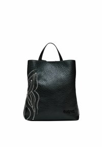 Borsa a tracolla in pelle nera con superficie texturizzata, caratterizzata da dettagli di cucitura curva bianca e un piccolo logo alla base. Due manici corti.