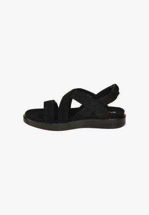 Black sandal with crisscross fabric straps, cushioned sole, and open toe, designed for casual wear and comfort.