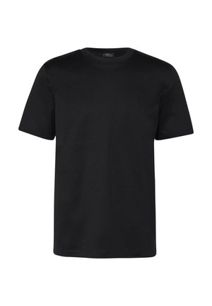 Prosty czarny T-shirt z krótkim rękawem i okrągłym dekoltem, o standardowym kroju, prezentowany na białym tle.