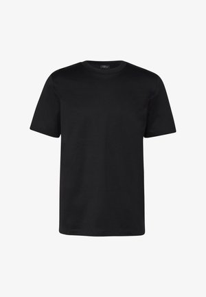 Schwarzes, schlichtes T-Shirt mit kurzen Ärmeln und Rundhalsausschnitt, reguläre Passform, auf weißem Hintergrund dargestellt.