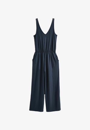Mørkeblå jumpsuit med V-hals, ærmeløs design, elastisk talje og to sidelommer; lavet af blød, glat stof.