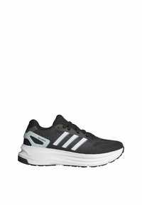 Zapatilla deportiva negra con diseño de tres franjas blancas, cuello acolchado, parte superior texturizada y una gruesa entresuela blanca con suela de goma.