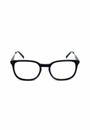 Montatura di occhiali rettangolare nera con lenti trasparenti, aste dritte e piccoli accenti metallici triangolari vicino alle cerniere.