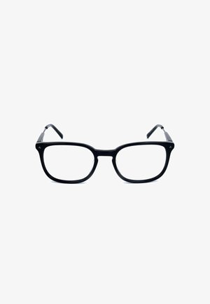 Montatura di occhiali rettangolare nera con lenti trasparenti, aste dritte e piccoli accenti metallici triangolari vicino alle cerniere.