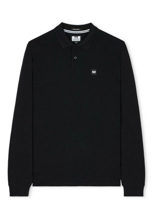 Must musta varrukatega polo särk puuvillast, millel on krae, kahe nupuga kinnitamine ja väike ruudukujuline logo vasakul ülal rinnas.