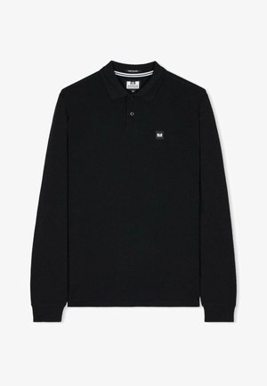 Must musta varrukatega polo särk puuvillast, millel on krae, kahe nupuga kinnitamine ja väike ruudukujuline logo vasakul ülal rinnas.