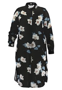 Sort skjortekjole lavet af letvægtsstof. Har blomstermotiver i hvid, blå og grøn. Inkluderer lange ærmer og krave.