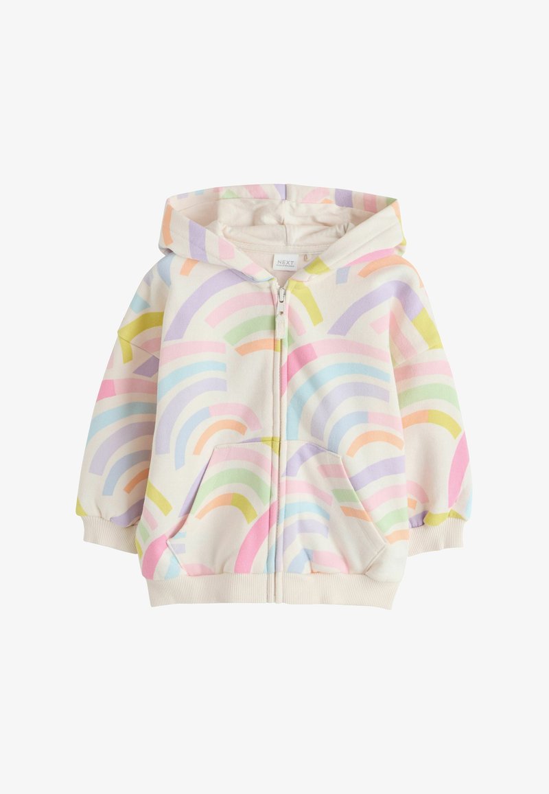 Dziecięca bluza z kapturem na zamek błyskawiczny z pastelowymi łukami tęczy na kremowym tle, wyposażona w kaptur, przednie kieszenie oraz ściągacze na mankietach i u dołu.