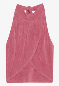 Roze haltertop van gestructureerde stof, met een geknoopt achterontwerp en een overlappende voorkant met een licht glanzende afwerking.