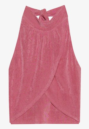 Rosa Haltertop aus strukturiertem Stoff, mit einem geknoteten Rückendesign und einer überlappenden Vorderseite mit leicht glänzendem Finish.