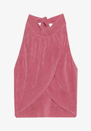 Haut en halter rose en tissu texturé, avec un design à dos noué et un devant superposé avec une finition légèrement brillante.
