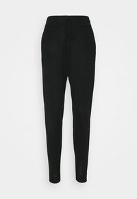 Zwarte joggerbroek van lichtgewicht stof, met een elastische tailleband en drawstring, taps toelopende pijpen en zonder zichtbare patronen of accenten.