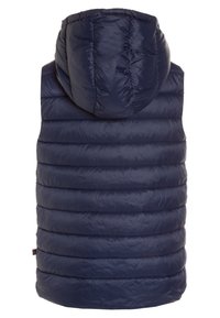 Granatowa kamizelka puchowa z kapturem, z pikowanymi sekcjami i gładką fakturą. Widok z tyłu ukazuje poziome linie i detale przeszyć.