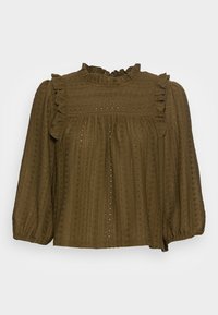 Olivgrüne Bluse mit einem hohen, gerafften Ausschnitt, langen Puffärmeln und einem strukturierten Stoff mit vertikalen Linien und Lochmustern.