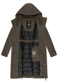 Khaki vodoodporna parka s kapuco, z notranjim podloženim slojem v črni barvi, zadrgo na zapenjalke in žepom s tiskanim besedilom.