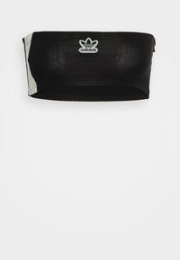 Čierny bandeau top vyrobený z elastického materiálu s svetlosivými akcentmi. Na prednej strane sa nachádza logo Adidas. Hladká textúra a bezšvový dizajn.