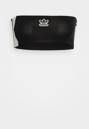 Černý bandeau top vyrobený z elastické tkaniny s světlými šedými akcenty. Na přední straně je logo Adidas. Hladký povrch a bezšvový design.