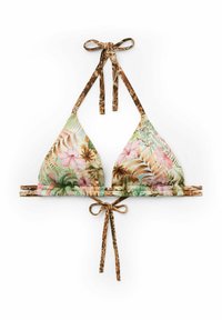 Triangelbikinitopp med tropiskt blommönster i pastellfärger. Knyts i nacken och bak; bruna remmar med ett leopardmönstrat accent.