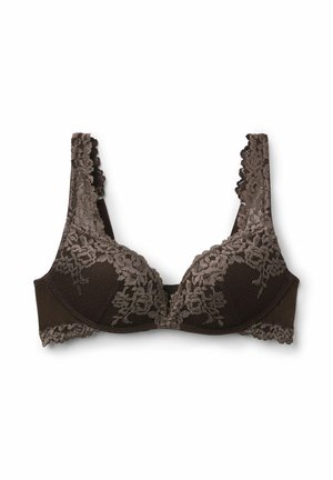 Braunes Spitzen-BH mit Blumenmuster, gepolsterten Cups, breiten Spitzen-Trägern und gewellten Kanten auf weißem Hintergrund.