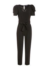 Jumpsuit noir avec des manches courtes bouffantes, un décolleté en V et un détail en forme de trou de serrure au dos. Comprend une ceinture en tissu et des jambes fuselées.
