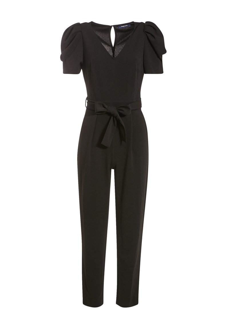 Jumpsuit noir avec des manches courtes bouffantes, un décolleté en V et un détail en forme de trou de serrure au dos. Comprend une ceinture en tissu et des jambes fuselées.