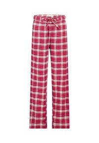 Rode geruite pyjamabroek gemaakt van zacht materiaal, met een verstelbare tailleband en een wijdere pasvorm, voorzien van witte en zwarte accenten.