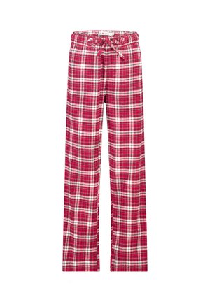 Rode geruite pyjamabroek gemaakt van zacht materiaal, met een verstelbare tailleband en een wijdere pasvorm, voorzien van witte en zwarte accenten.