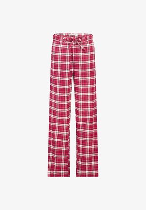 Pantalons de pyjama à carreaux rouges en tissu doux, dotés d'une taille à cordon de serrage et d'un design à jambes larges avec des accents blancs et noirs.