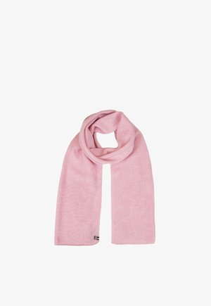 Écharpe en laine rose douce pliée avec une boucle en haut, montrant une petite étiquette de marque noire sur le bord inférieur.