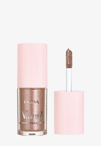 Brązowy płynny cień do powiek w przezroczystej, cylindrycznej szklanej butelce z różową nakrętką. Zawiera aplikator gąbkowy. Błyszcząca tekstura.