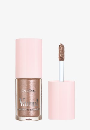 Ombretto liquido bronzo in una bottiglia di vetro cilindrica trasparente con tappo rosa. Contiene un applicatore con spugna. Texture scintillante.