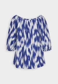 Blusa blu e bianca a spalle scoperte con un motivo ikat testurizzato e maniche a sbuffo, caratterizzata da una vestibilità comoda e scollo elastico.