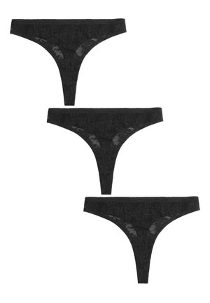 Kolm musta pitsist tanga, millel on lillemustrid, paigutatud vertikaalselt valgele taustale.