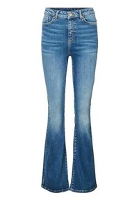 Jean flare en denim dans un lavage bleu moyen, présentant une taille haute, des dégradés subtils et un design classique à cinq poches avec des accents en métal.