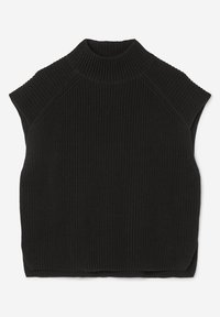 Veste pull sans manches noire en tricot avec un col montant côtelé et un motif de points texturé.