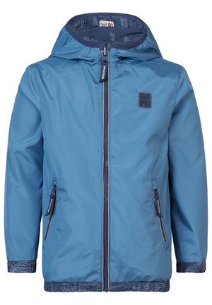 Chaqueta azul con capucha para niños, con cremallera frontal, dos bolsillos con cremallera y ribete estampado en los puños y el dobladillo.