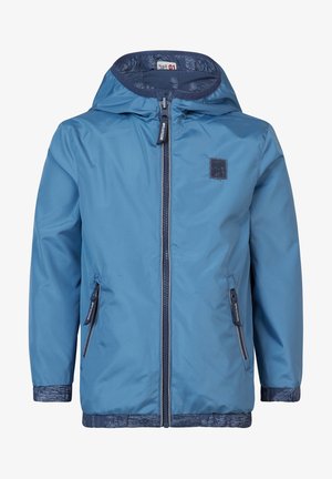 Giacca da bambino con cappuccio blu, chiusura frontale con cerniera, due tasche con cerniera e rifiniture con motivo su polsini e orlo.