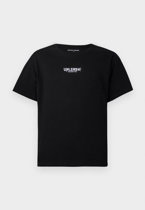 Black cotton T-shirt featuring short sleeves and a crew neck. The front has a white graphic text "UNLEASH!" printed centrally.
