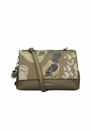 Sac bandoulière vert olive avec motifs abstraits beige, noir et crème, cuir texturé, et fermeture à tourniquet.