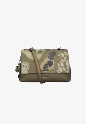 Sac bandoulière vert olive avec motifs abstraits beige, noir et crème, cuir texturé, et fermeture à tourniquet.